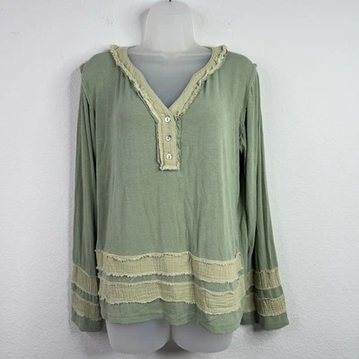 POL Shirt Womens M Green Two-tone Distressed Ribbed Boho Cottagecore Henley - Image 1 of 4