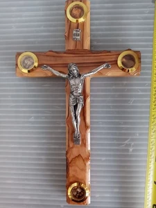 7.5" Olive Wood Wall Cross 4 Element Flowers Incense Stone and Olive Jerusalem  - Picture 1 of 10