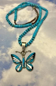 BIG Navajo signed Sterling Silver BUTTERFLY 925 Pendant Turquoise Necklace 24” - Picture 1 of 3