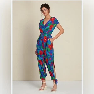 Kleid Forum Satin Feel blau rot tropischer Druck geteiltes Bein zum Binden Overall Small - Bild 1 von 14