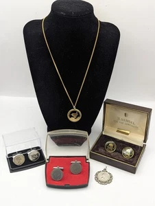Job Lot of Coin Cufflinks, Coin Necklace, Coin Pendant - Farthing Sixpences etc - Picture 1 of 12