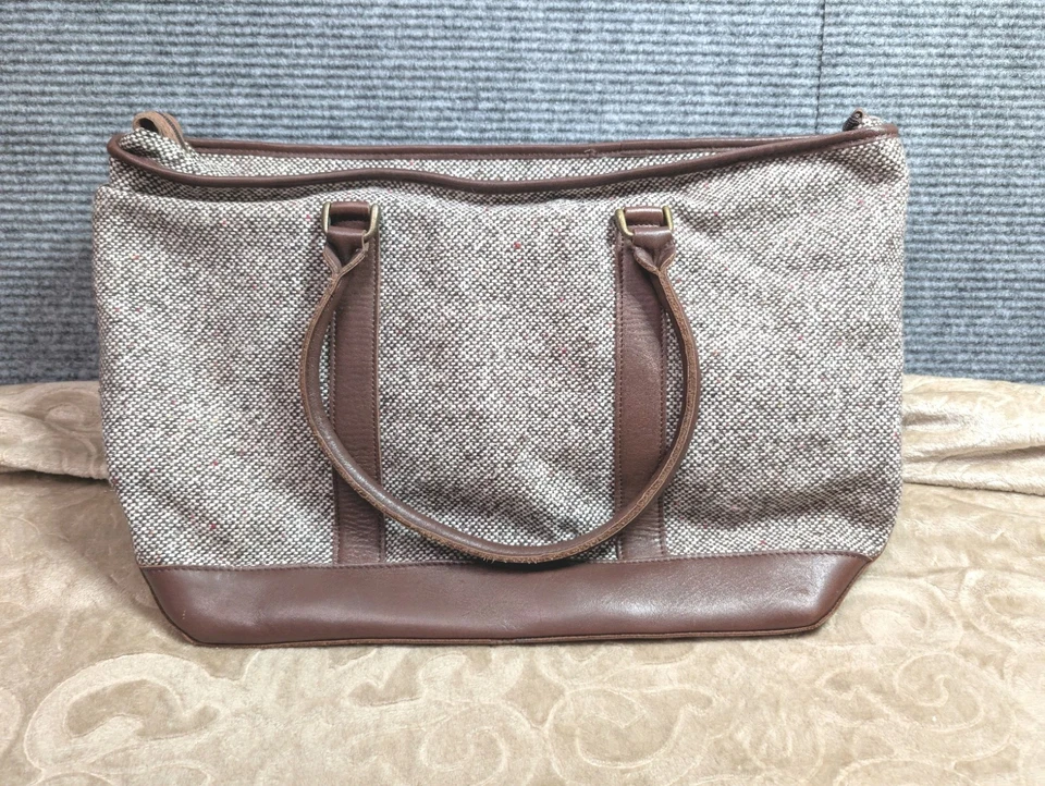 VTG LL Bean Tote Bag Tweed Wool And Leather Full Zip Two Handle Weekender  - Image 1 of 4