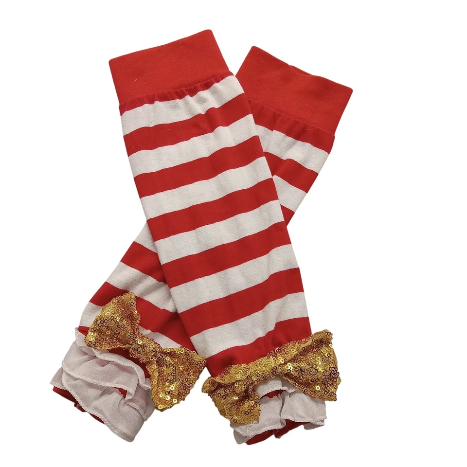Girl's Candy Stripe Leg Warmers 13" Gold Sequin Bows - Image 1 of 4