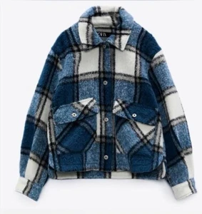 Zara Womens Fleece Plaid Collared Button Up Blouse Top Shacket Blue Size S - Picture 1 of 1