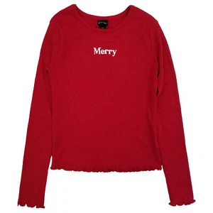 Girls Long Sleeve Red Merry Ribbed Shirt Christmas Holiday T-Shirt Tee - Picture 1 of 1
