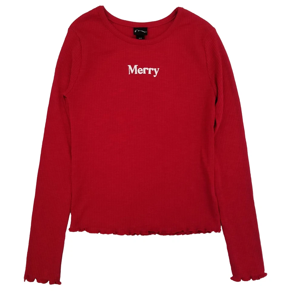 Girls Long Sleeve Red Merry Ribbed Shirt Christmas Holiday T-Shirt Tee - Image 1 of 1