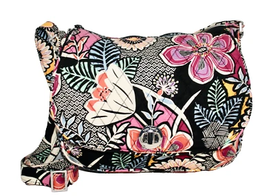 VERA BRADLEY Saddle Crossbody Bag Turnlock Flap Pocket Kauai Floral Black Multi - Image 1 of 4