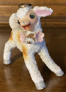 Vintage Sugar Sand Texture Lamb ANGEL HALO FIGURINE Anthropomorphic Funny Small - Picture 1 of 6