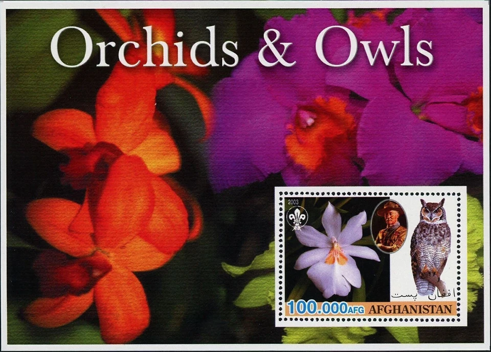 Afghanistan Orchids and Owls Scouting Plants Birds Flower Souvenir Sheet Mint NH - Image 1 of 1