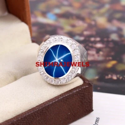 Lab Created Linde Star Sapphire With White Gold Plated Silver Ring for Men #997 - image 1 of 4