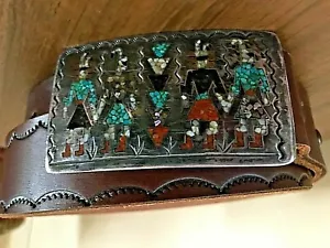FABULOUS DESIGNER SS WESTERN BELT BUCKLE WITH BROWN HAND TOOLED LEATHER BELT - Picture 1 of 5