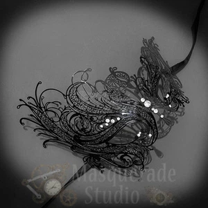 Womens Beautiful Swan Laser Cut Filigree Metal Masquerade Prom Mask [Black] - Picture 1 of 4