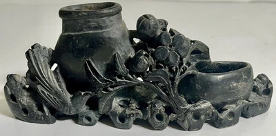 Antique Hand Carved Chinese Black Soapstone Brush & Ink Holder Floral Birds - Image 1 of 4