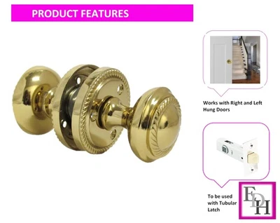 Brass Plated Round Door Knob Set Including Tubular Latch - Georgian Style - Image 1 of 4