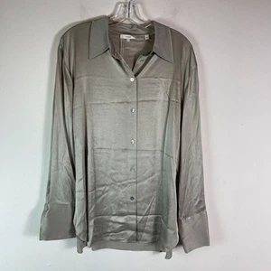 Vince NWT Women's Relaxed Long Sleeve Satin Button-Up Shirt Gray Silver Size XL - Picture 1 of 10
