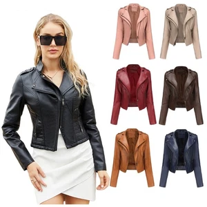 Slim-fit long-sleeved leather jacket for women - Picture 1 of 31