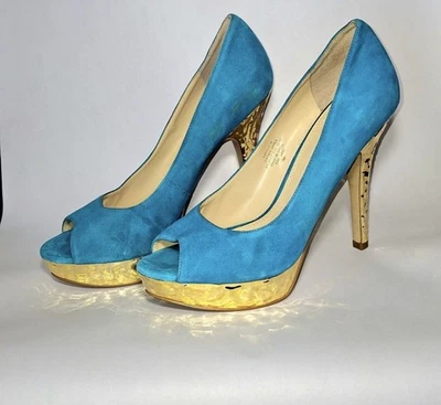 Zapatos de salón de tacón alto sexy de 5 pulgadas para mujer talla 7 cuero gamuza azul y dorado Foto 1 de 4
