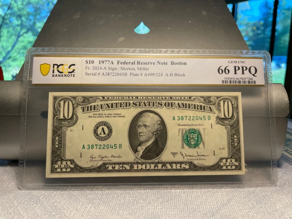 (#101459) 1977 $10 Boston  AB block FR 2024 (2 of 3 sequential)   PCGS 66 PPQ!!! - Image 1 of 2
