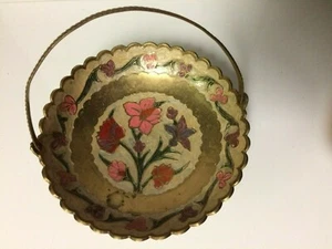 Vintage Brass Hand Painted Candy Dish with Handle Flowers Made in India B2 - Picture 1 of 11