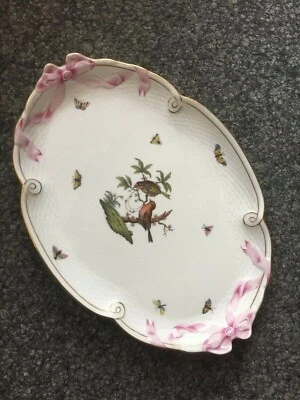 HEREND PORZELLAN ROTHSCHILD DEKOR PLATTE 41 x 28cm MIT VÖGELN KETTEN & SCHLEIFEN - Bild 1 von 4