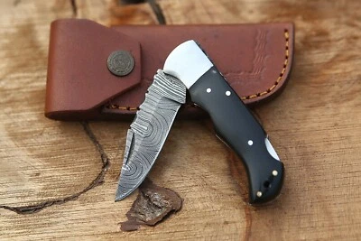 Damascus handmade Back Lock Folding Pocket knife Camping Hunting Knife Pouch - Image 1 of 4