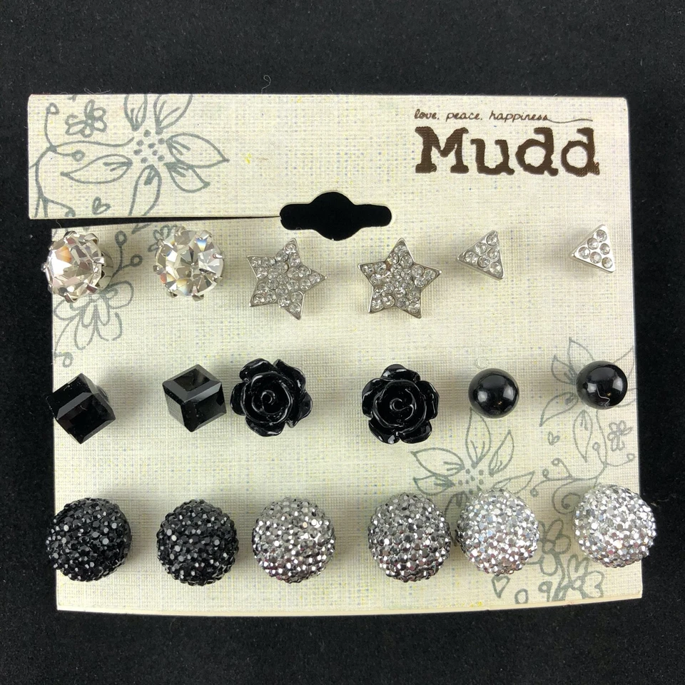 Juego de 9 pares de aretes Mudd tono negro y plata 1/4" - 3/8" Foto 1 de 1