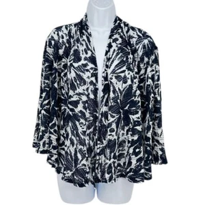 Ruby Rd. Floral Print Open Front Open Weave Knit Cardigan Navy White Petite SZ S - Picture 1 of 6
