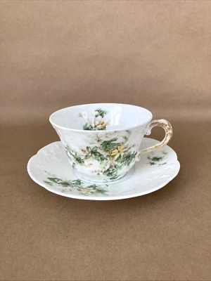 LIMOGES Societe Alluaud France Lilly Cup & Saucer Yellow & Green Flowers 1805-14 - Image 1 of 4