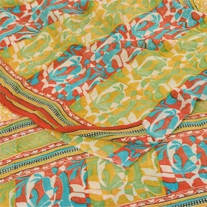 Sanskriti Vintage Sarees Yellow Pure Georgette Silk Print Sari 5Yd Craft Fabric - Picture 1 of 12