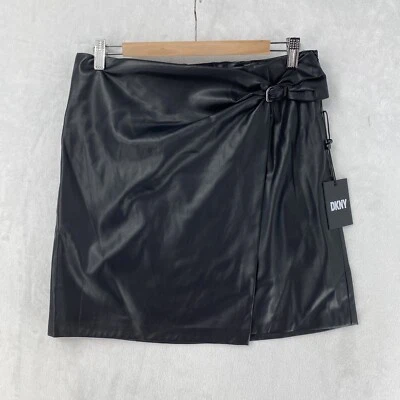 DKNY Skirt Women's 10 Black Faux Leather Mid Rise Wrap NEW $99 - Image 1 of 4