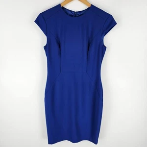 Cue City Dress Womens 10 Blue Pencil Short Sleeve Back Split Lined Work Office - Picture 1 of 9