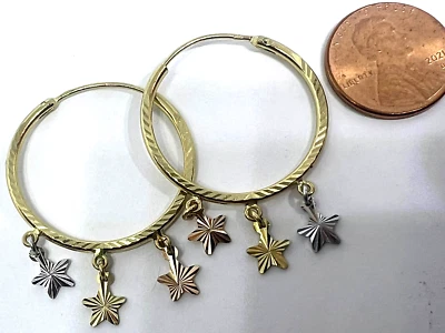 GOLd 14K hoop earrings round star yellow white rose tri diamond cut 28mm x1.40" - Image 1 of 4