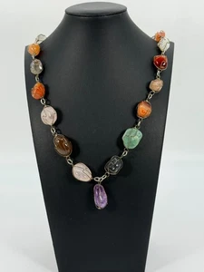VINTAGE KÄFIG POLIERT EDELSTEIN HALSKETTE GOLDFARBEN AMETHYST ACHAT KARNEOLAIN - Bild 1 von 8