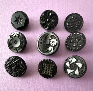 9 Small Vintage Antique Black Glass Buttons - No Duplicates - Picture 1 of 1