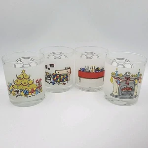 Vintage geätzte Weihnachten niedrige Kugel Gläser, schwerer Boden, Fensterszenen, 4er Set - Bild 1 von 12