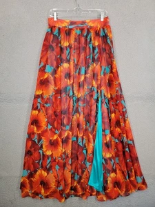 Long Floral Maxi Skirt Medium Orange Blue Contrast Leg Slit New York & Co - Picture 1 of 9