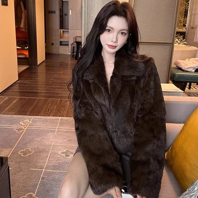 Womens Winter Coffee Color Snow Rabbit Fur Coat Short Style Lapel Collar Jackets - Image 1 of 4
