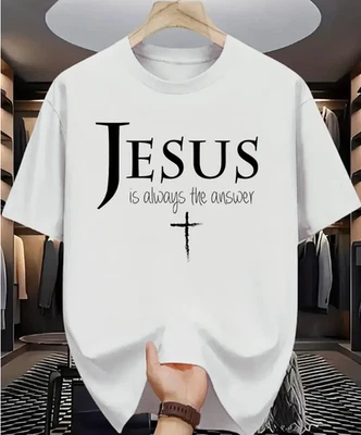 "Jesus is Always the Answer" Christian Graphic Print T-Shirt, Men's Casual Top - Image 1 of 4