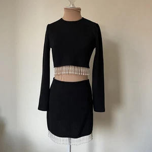 Saylor Casia schwarz Strick Langarm verziert Perlen Top Minirock Set Neu mit Etikett S - Bild 1 von 12