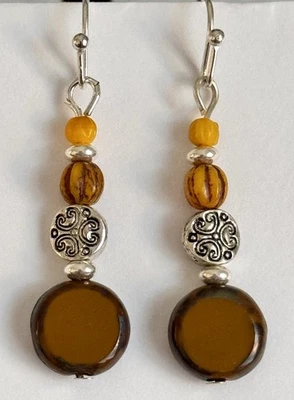 Etched Silver with Camel Brown and Golden Picasso Bead Earrings. Boho Chic - Image 1 of 4
