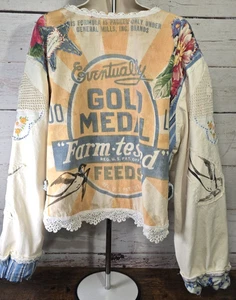 OOAK Magnolia Boho Indie Jacket Upcycle VTG Flour Sack Oversized Short L - XL - Picture 1 of 24