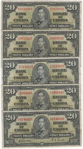 Bank of Canada 1937 $20 Dollars Lot of 5 Vintage Notes King George VI $100 Face - Bild 1 von 2