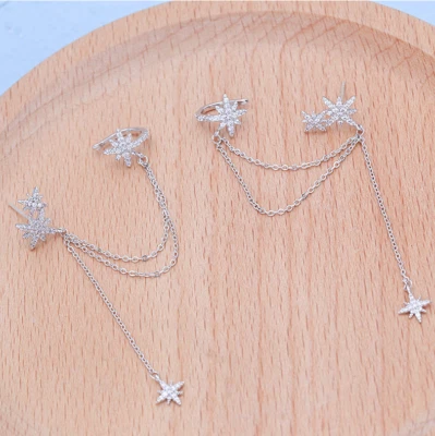 Aretes hexagrama estrella plata circonita cúbica circonita circonita cúbica clip en oreja cadena PE43 Foto 1 de 4