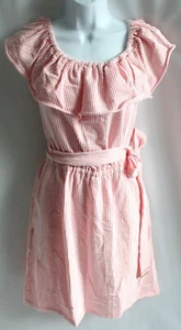 Michael Kors OFF-THE-SHOULDER Womens S Grapefruit Striped Ruffled Tie Sundress - Picture 1 of 8
