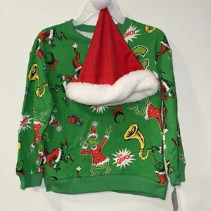 NEW Grinch Sweatshirt Kids 7 Christmas Shirt Long Sleeve Santa Hat Merry - Picture 1 of 5