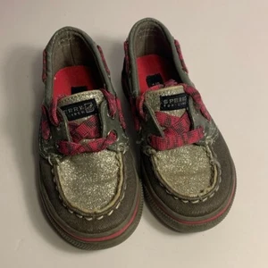 Sperry Top Sider Größe 5,5 Mädchen grau silber Glitzer und rosa Schnürsenkel - Bild 1 von 10