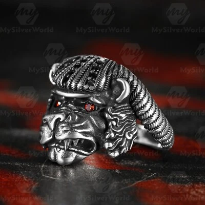 925 Sterling Silver Black Micro Stone Biker Lion Design Men's Ring - Image 1 of 4