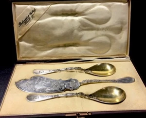 vintage Brahmfeld & Gutruf 800 German Silver And Gold Wash Fish Serving Set - Picture 1 of 6