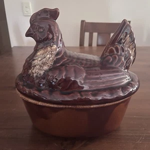 Vintage Hull Pottery Brown Drip Glaze Hen on Nest Casserole Mid Century Modern - Picture 1 of 13