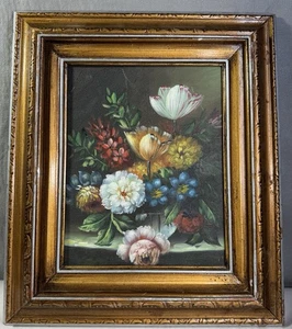 Arte floral al óleo sobre lienzo naturaleza muerta 15x13 pintura enmarcada brillante y colorida - Imagen 1 de 10